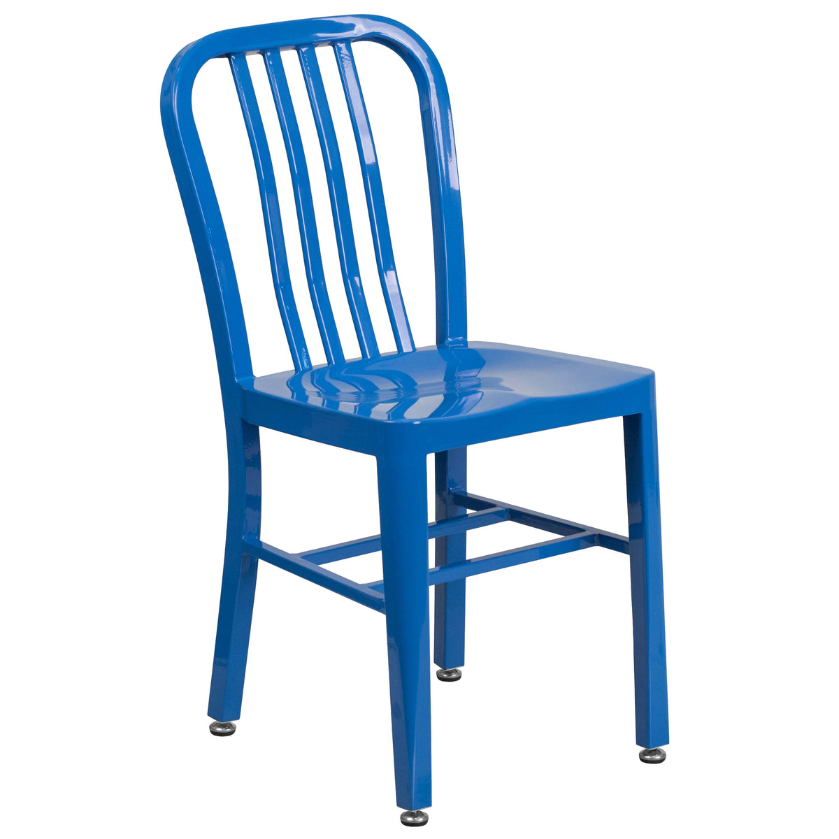 Blue |#| 30inch Round Blue Metal Indoor-Outdoor Table Set with 4 Vertical Slat Back Chairs