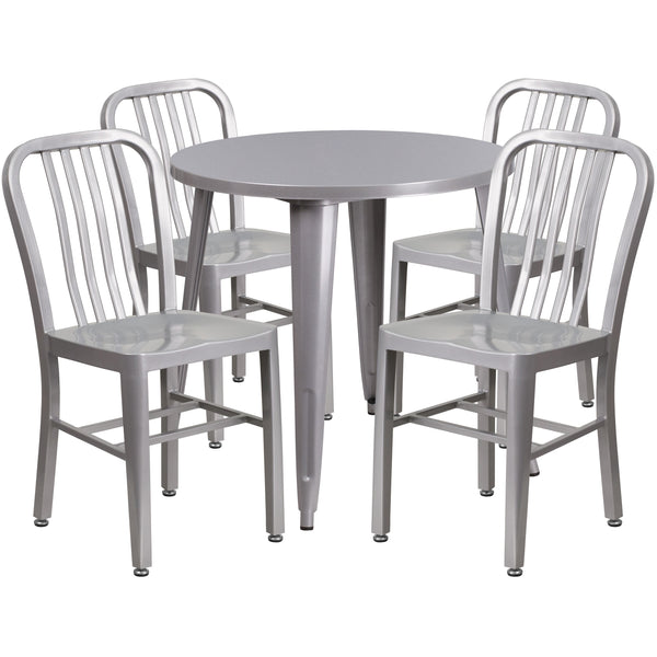 Silver |#| 30inch Round Silver Metal Indoor-Outdoor Table Set with 4 Vertical Slat Back Chairs