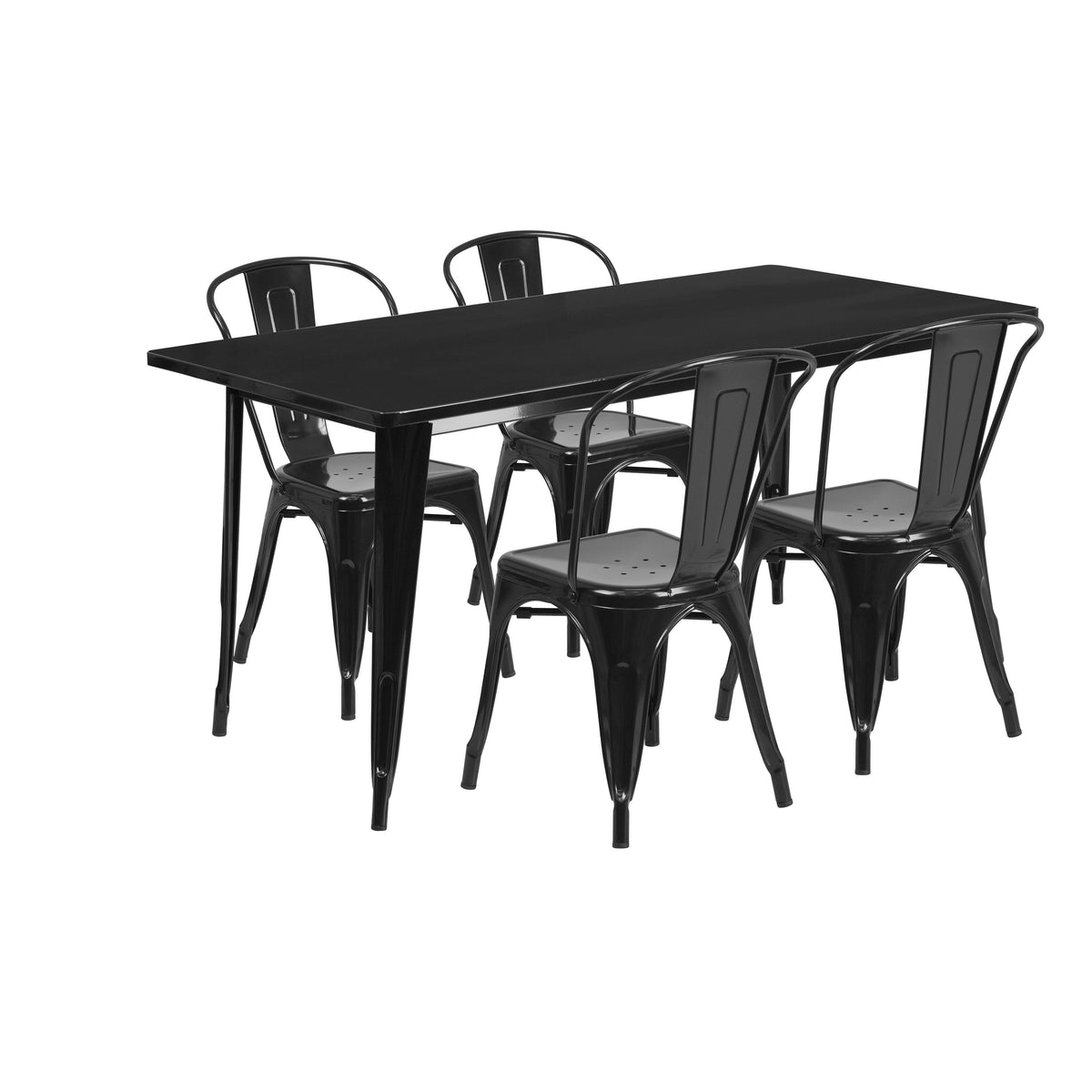 Black |#| 31.5inch x 63inch Rectangular Black Metal Indoor-Outdoor Table Set w/ 4 Stack Chairs