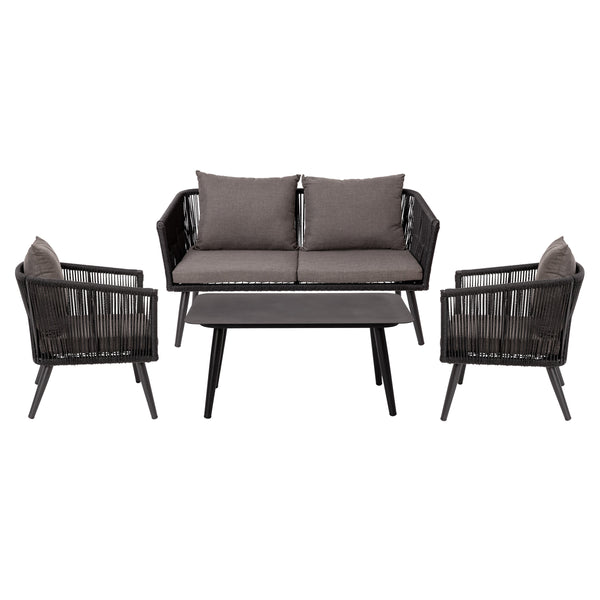 Indoor/Outdoor Loveseat, 2 Chairs & Metal Coffee Table-Black with Gray Cushions