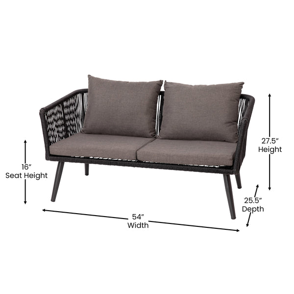 Indoor/Outdoor Loveseat, 2 Chairs & Metal Coffee Table-Black with Gray Cushions