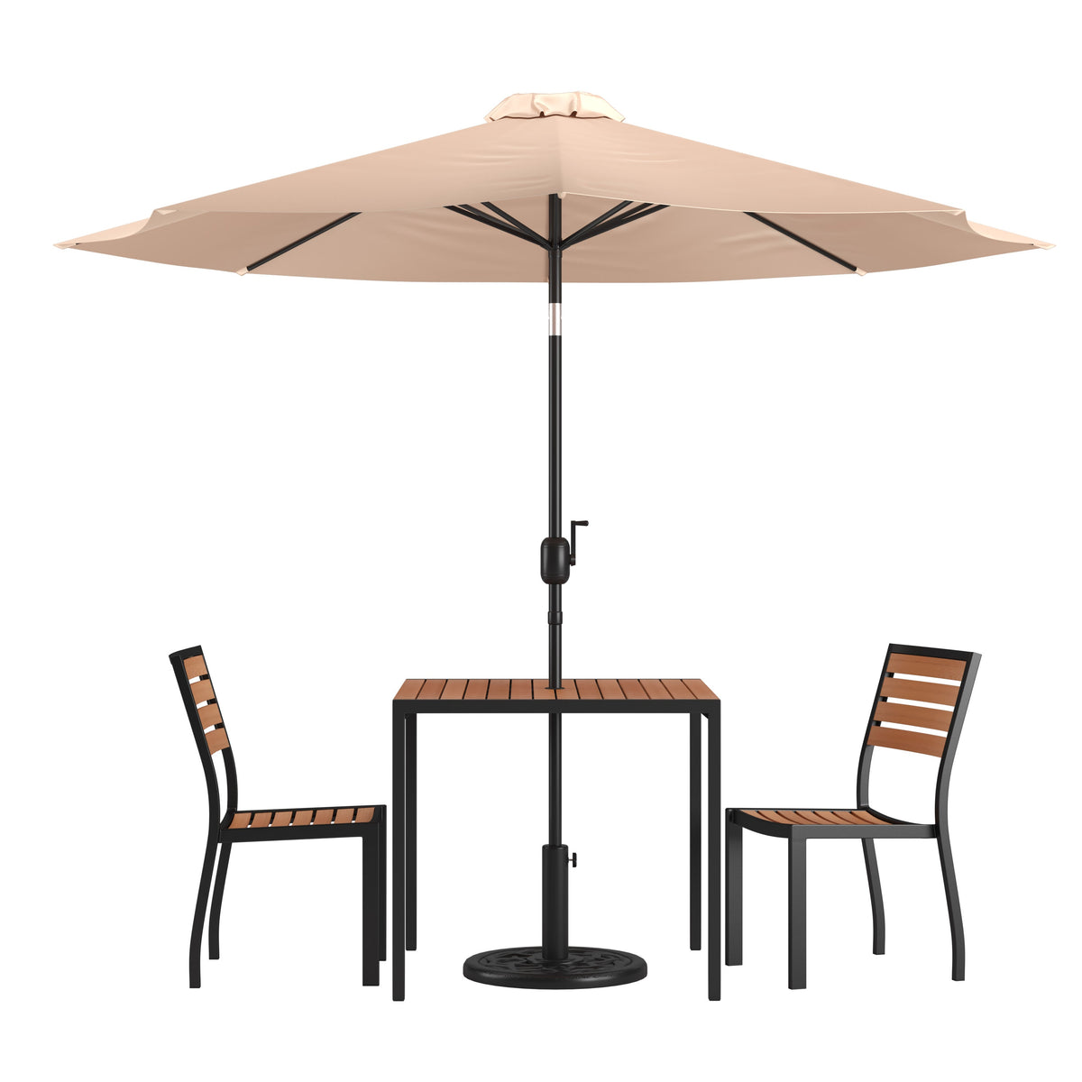 Tan |#| Faux Teak 35inch Square Patio Table, 2 Chairs & Tan 9FT Patio Umbrella with Base