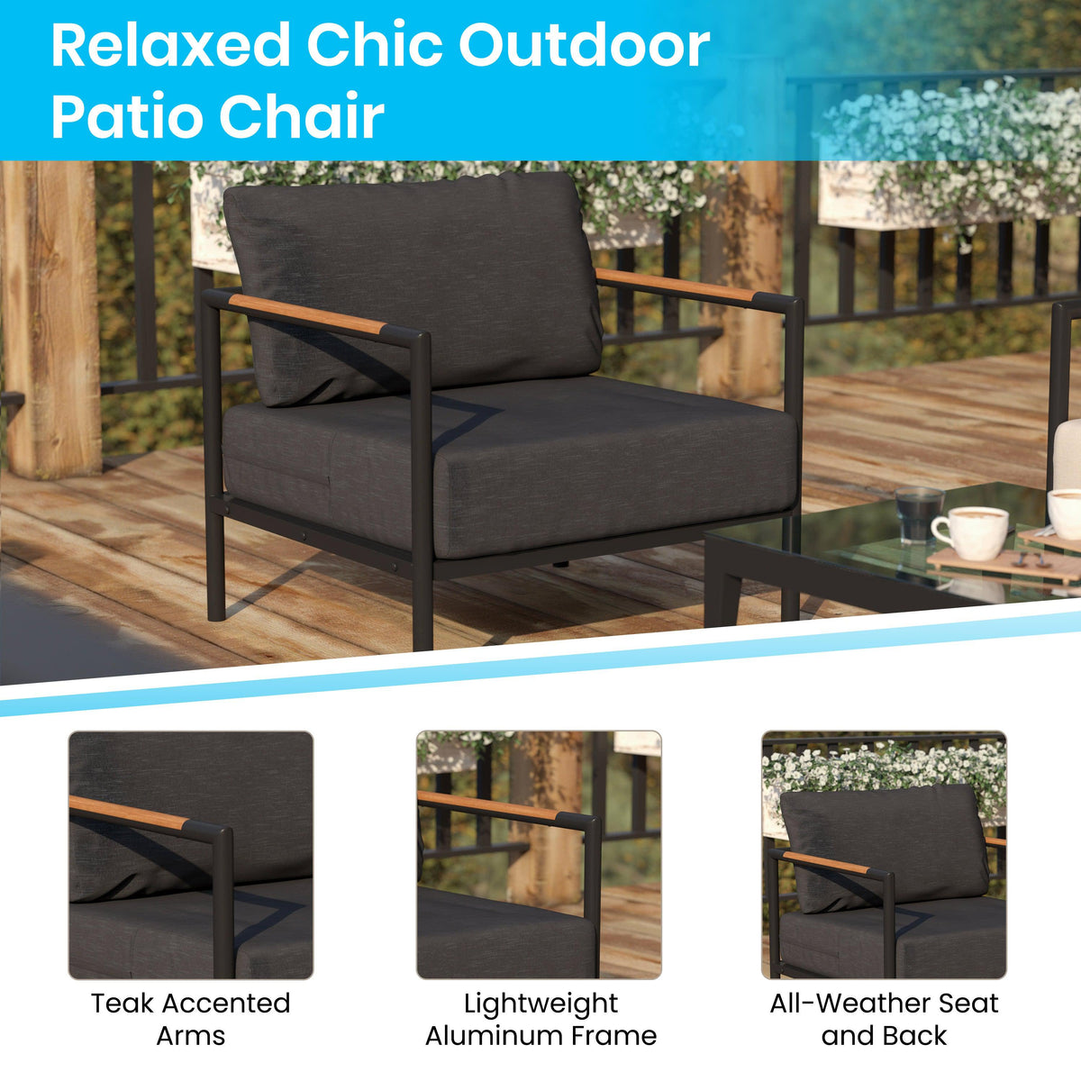 Charcoal |#| Black Aluminum Frame Patio Chair with Teak Arm Accents and Charcoal Cushions