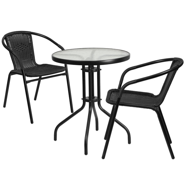 23.75inch Round Glass Metal Table with 2 Black Rattan Stack Chairs