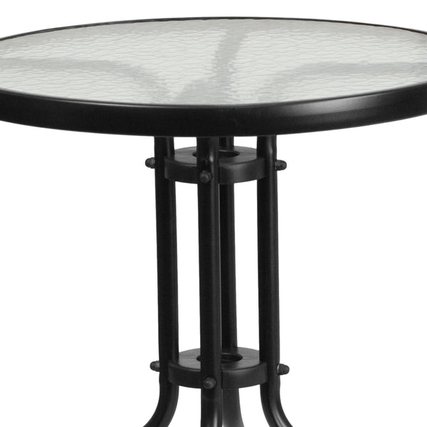 23.75inch Round Glass Metal Table with 2 Black Rattan Stack Chairs