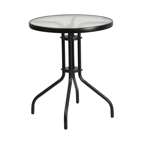 23.75inch Round Glass Metal Table with 2 Black Rattan Stack Chairs