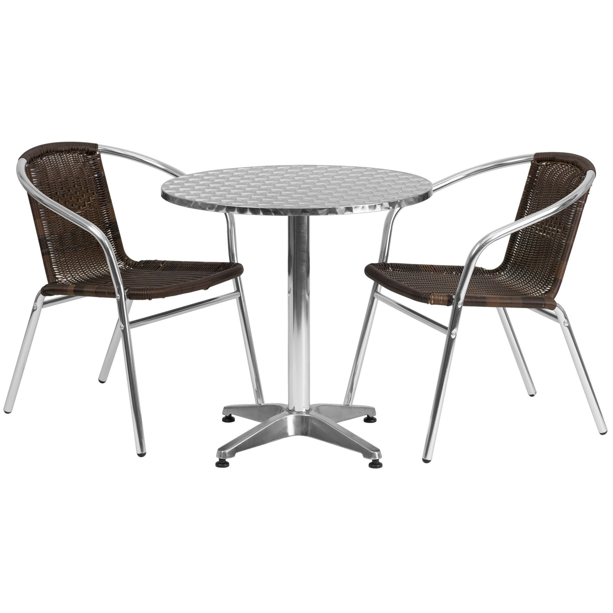 Dark Brown |#| 27.5inch Round Aluminum Indoor-Outdoor Table Set with 2 Dark Brown Rattan Chairs