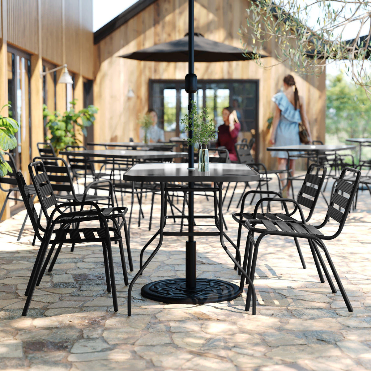 Commercial Patio Dining Set with Table, 2 Chairs, and 2 Arm Chairs in Black