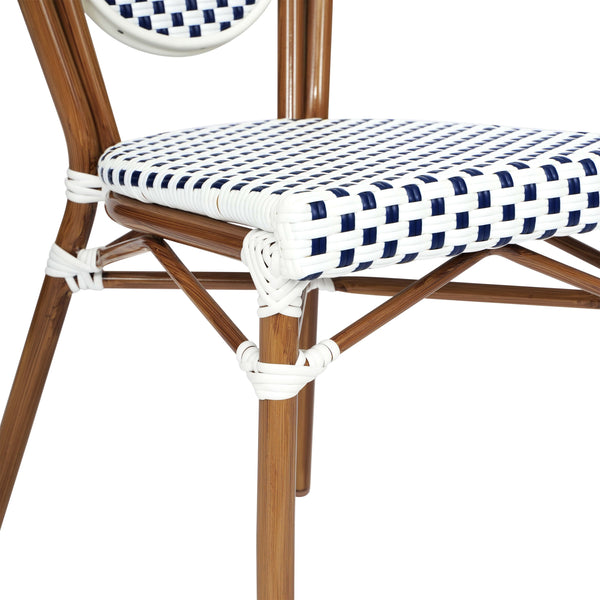 White & Navy/Natural Frame |#| All-Weather Commercial Paris Chair with Bamboo Print Metal Frame-White/Navy