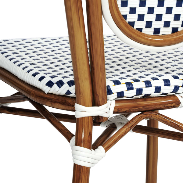 White & Navy/Natural Frame |#| All-Weather Commercial Paris Chair with Bamboo Print Metal Frame-White/Navy