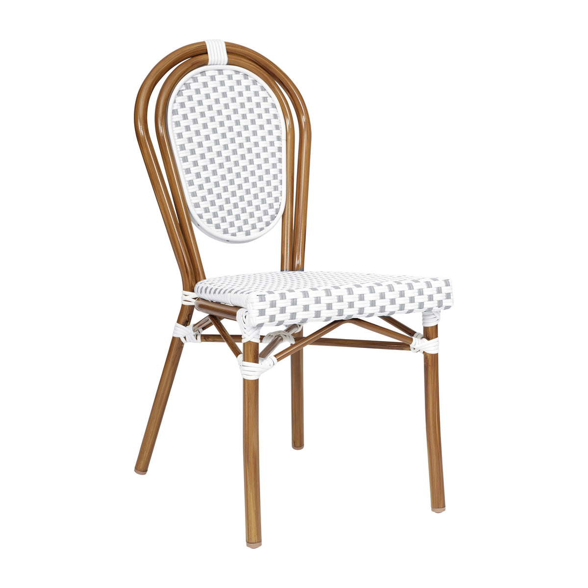 White & Gray/Natural Frame |#| All-Weather Commercial Paris Chair with Bamboo Print Metal Frame-Natural/White