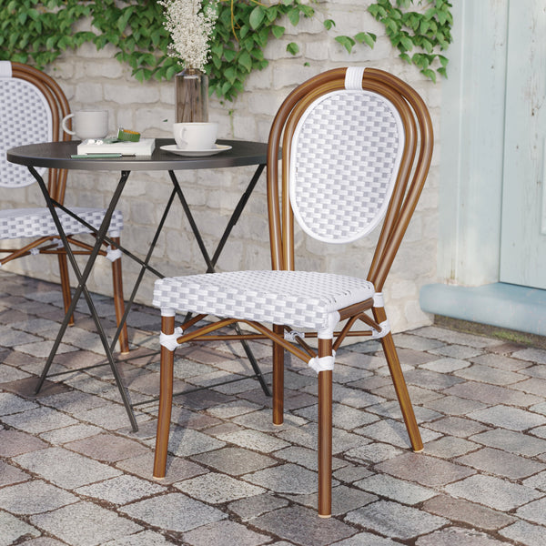 White & Gray/Natural Frame |#| All-Weather Commercial Paris Chair with Bamboo Print Metal Frame-Natural/White