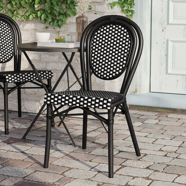 Black & White/Black Frame |#| All-Weather Commercial Paris Chair with Black Metal Frame-Black/White