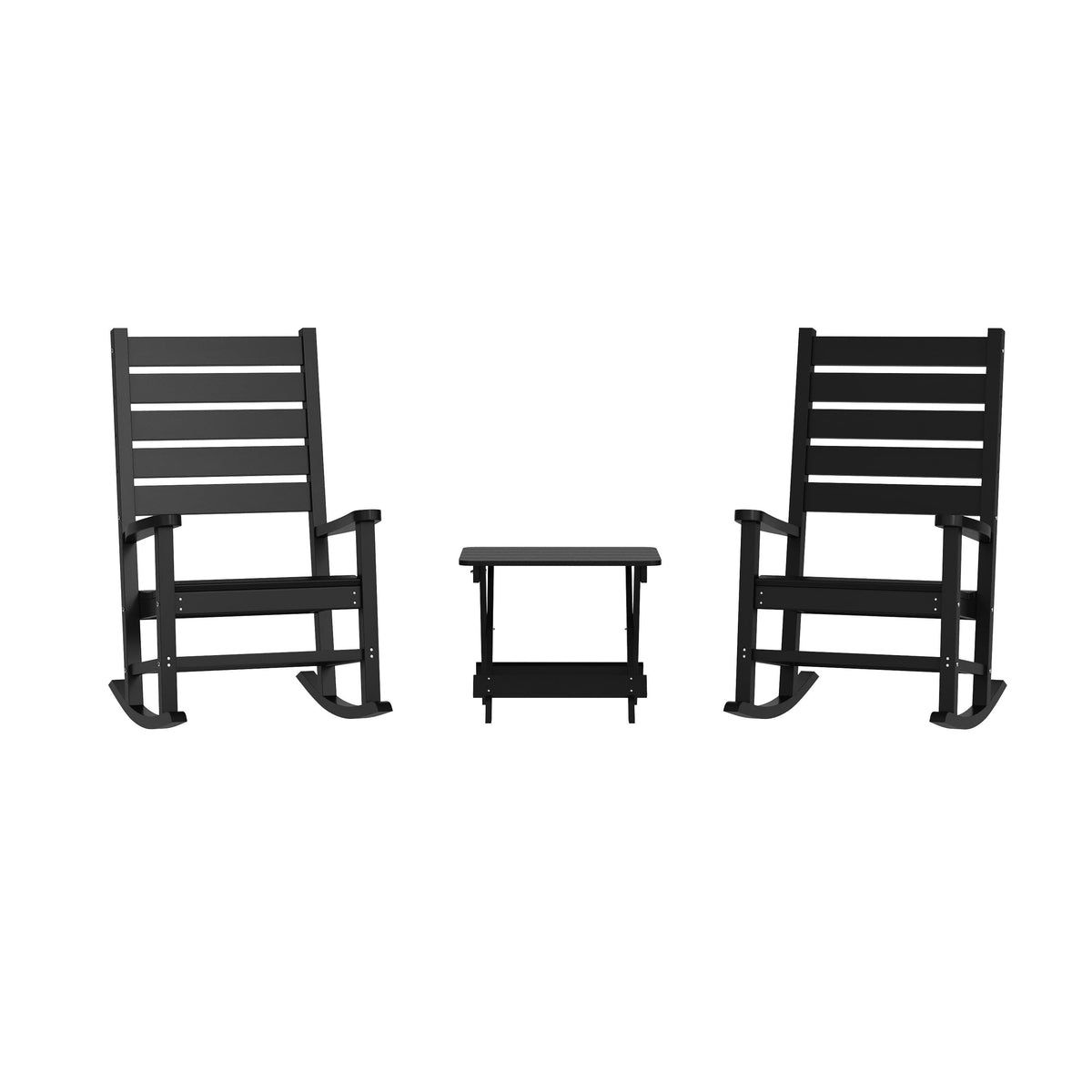 Black |#| 3pc Commercial Indoor/Outdoor Set with 2 Rocking Chairs and End Table in Black