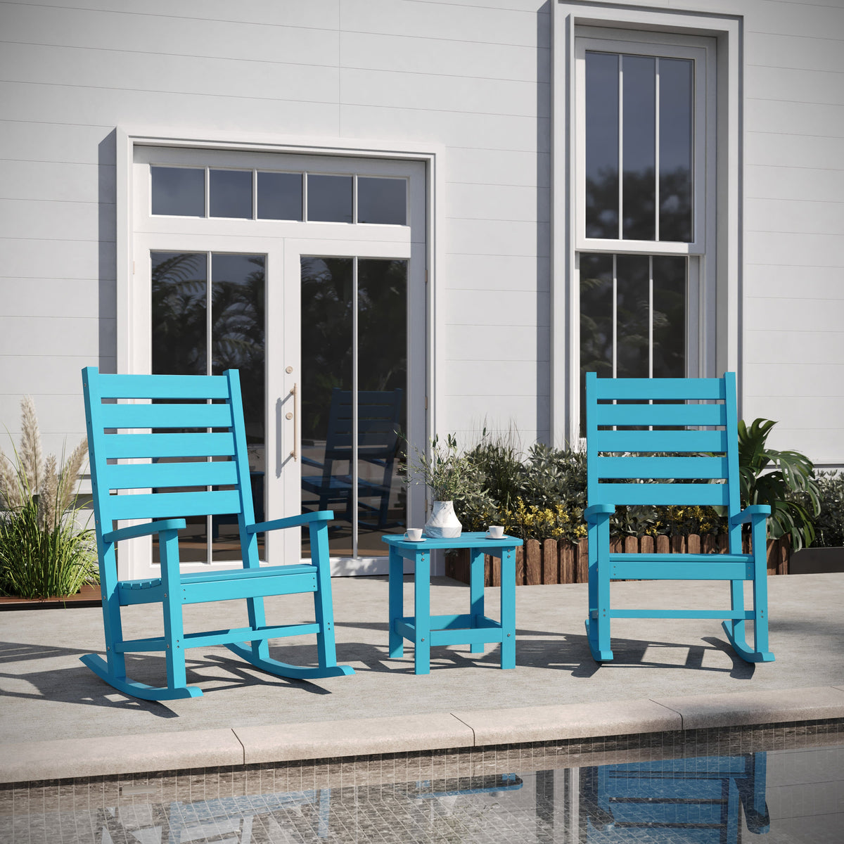 3pc Commercial Indoor/Outdoor Set with 2 Rocking Chairs and End Table in Blue