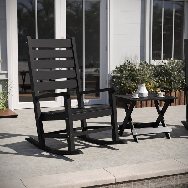 Black |#| 3pc Commercial Indoor/Outdoor Set with 2 Rocking Chairs and End Table in Black