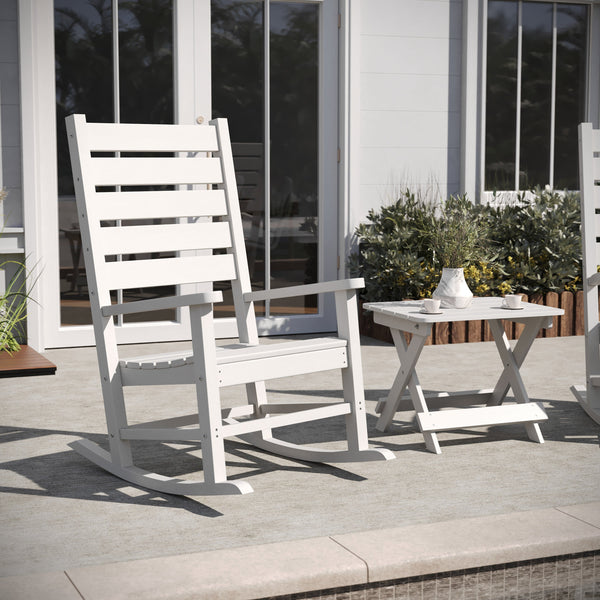 White |#| 3pc Commercial Indoor/Outdoor Set with 2 Rocking Chairs and End Table in White