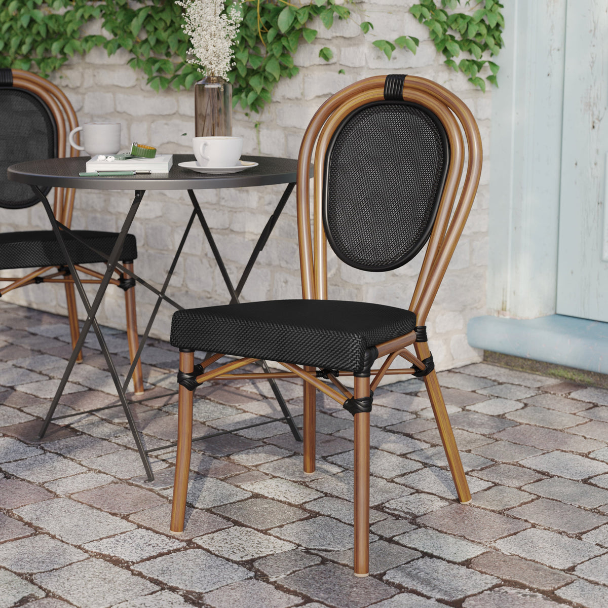 Black/Natural Frame |#| All-Weather Commercial Paris Chair with Natural Metal Frame-Black