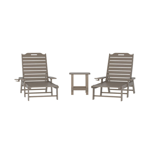 3pc Commercial Indoor/Outdoor Adirondack Set with 2 Loungers, Side Table - Brown