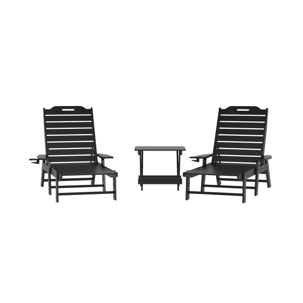 Black |#| 3pc Commercial Indoor/Outdoor Adirondack Set with 2 Loungers, Side Table - Black