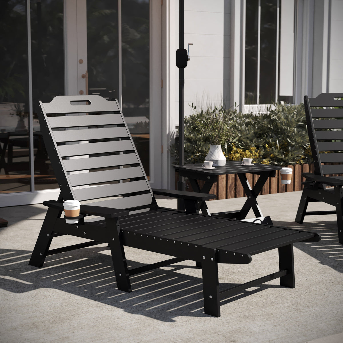 Black |#| 3pc Commercial Indoor/Outdoor Adirondack Set with 2 Loungers, Side Table - Black