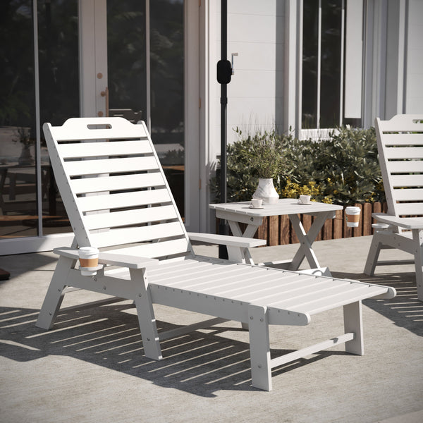 White |#| 3pc Commercial Indoor/Outdoor Adirondack Set with 2 Loungers, Side Table - White