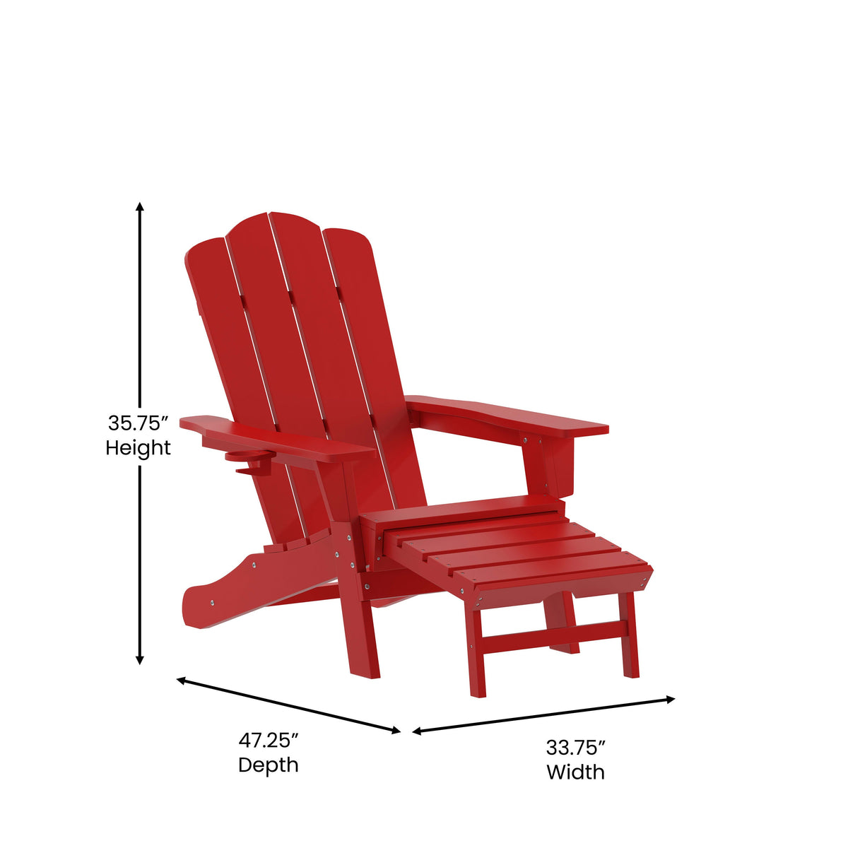 Red |#| Commercial All-Weather Adirondack Chair with Pullout Ottoman & Cupholder - Red