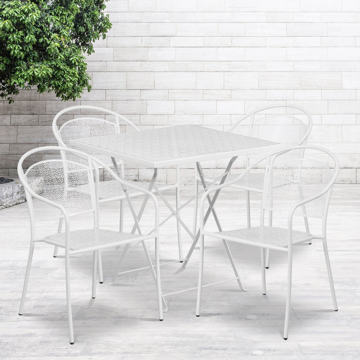 White |#| 28inch Square White Indoor-Outdoor Steel Folding Patio Table Set with 4 Chairs