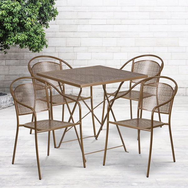 Gold |#| 28inch Square Gold Indoor-Outdoor Steel Folding Patio Table Set with 4 Chairs