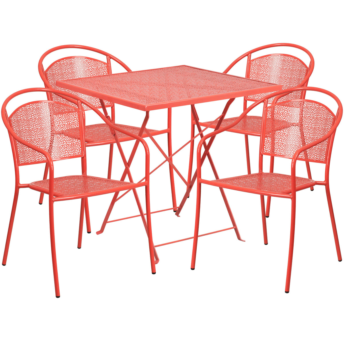 Coral |#| 28inch Square Coral Indoor-Outdoor Steel Folding Patio Table Set with 4 Chairs