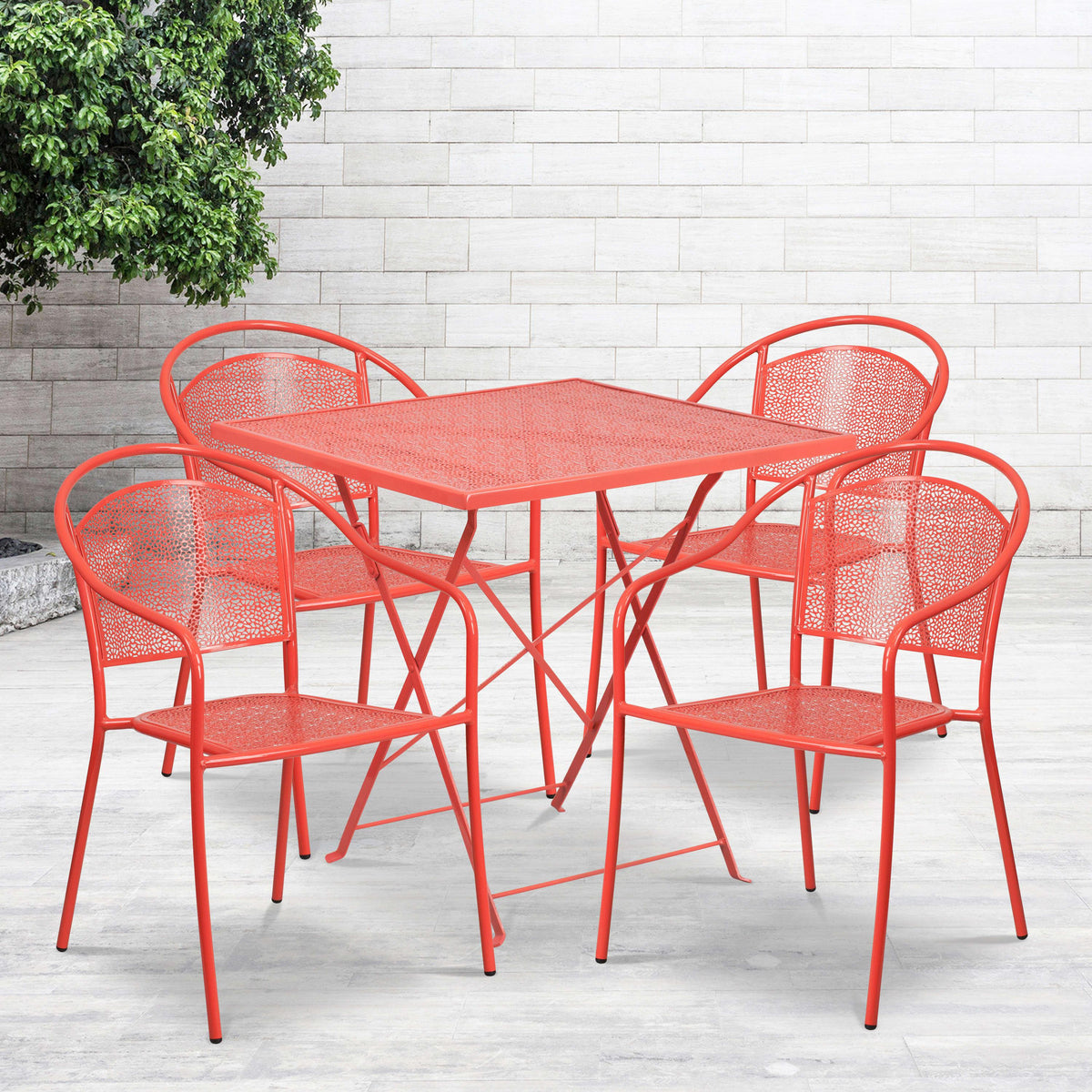 Coral |#| 28inch Square Coral Indoor-Outdoor Steel Folding Patio Table Set with 4 Chairs