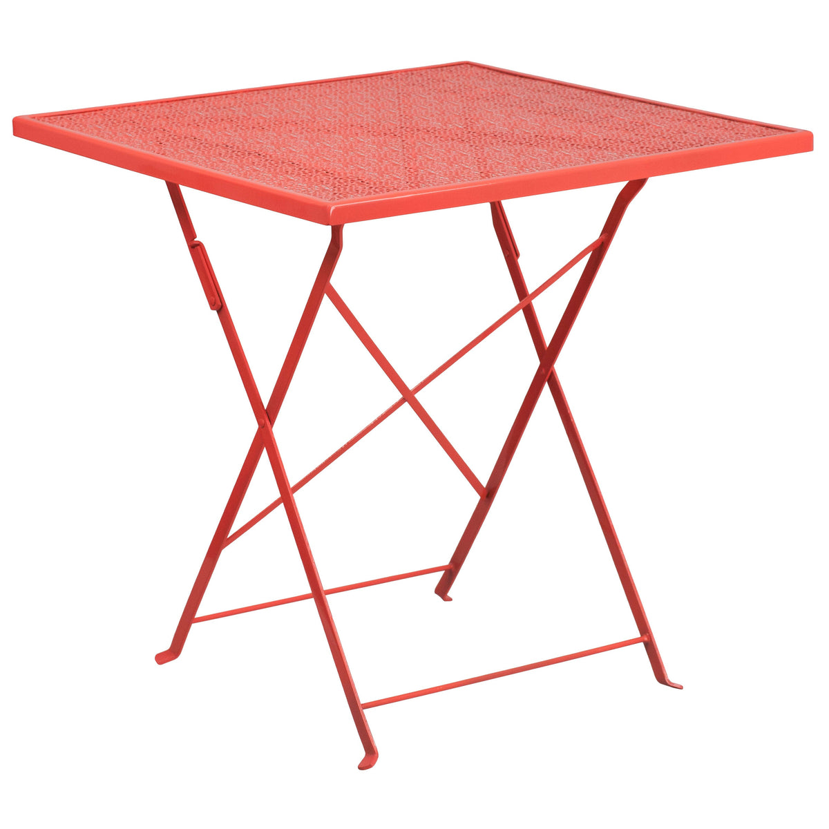 Coral |#| 28inch Square Coral Indoor-Outdoor Steel Folding Patio Table Set with 4 Chairs