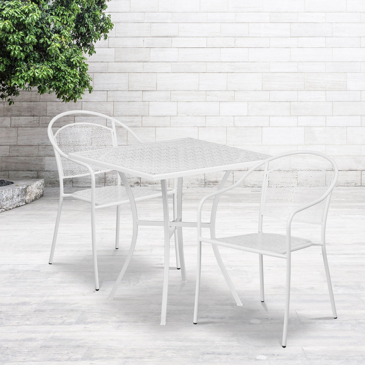 White |#| 28inch Square White Indoor-Outdoor Steel Patio Table Set with 2 Round Back Chairs