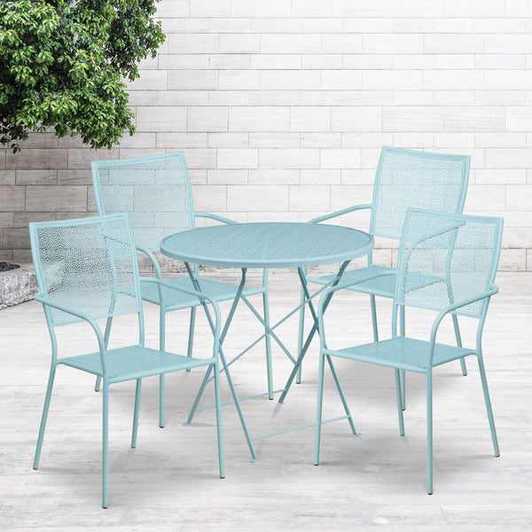 Sky Blue |#| 30inch Round Sky Blue Indoor-Outdoor Steel Folding Patio Table Set with 4 Chairs