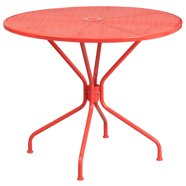 Coral |#| 35.25inch Round Coral Indoor-Outdoor Steel Patio Table Set with 4 Round Back Chairs