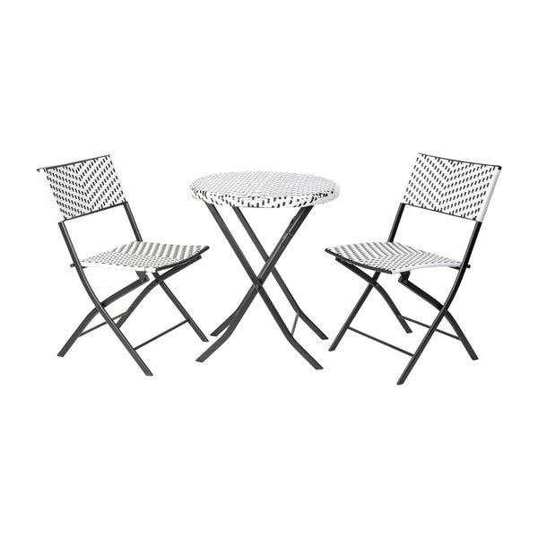 Black & White |#| 3PC Black and White Indoor/Outdoor PE Rattan Folding French Bistro Set