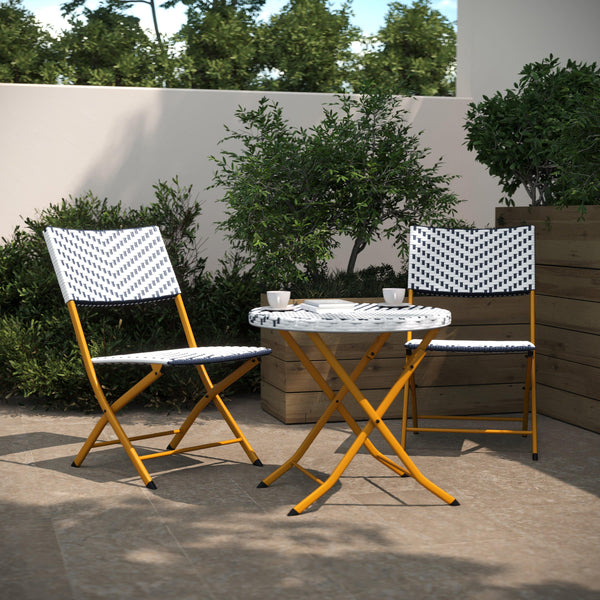 Navy & White |#| 3PC Navy and White Indoor/Outdoor PE Rattan Folding French Bistro Set