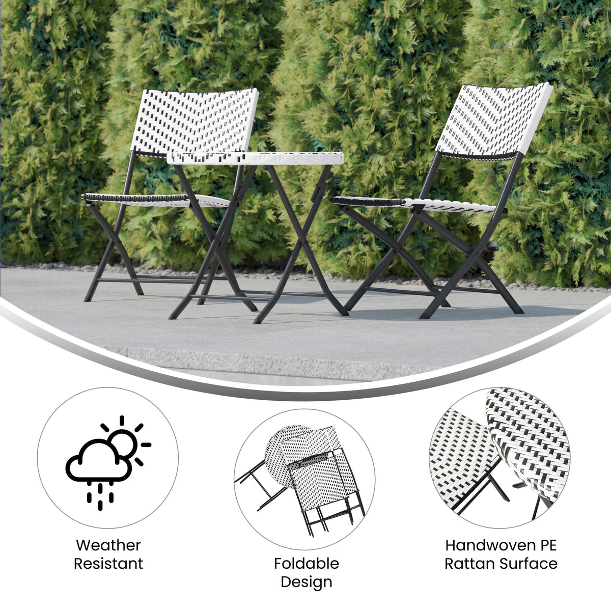 Black & White |#| 3PC Black and White Indoor/Outdoor PE Rattan Folding French Bistro Set