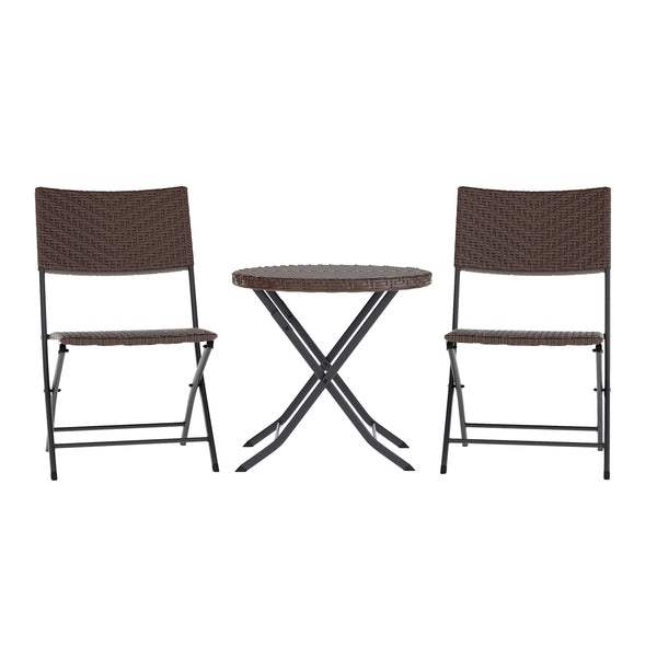 Brown |#| 3PC Brown and Black Indoor/Outdoor PE Rattan Folding French Bistro Set