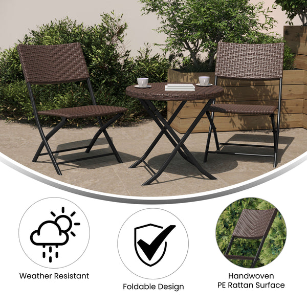 Brown |#| 3PC Brown and Black Indoor/Outdoor PE Rattan Folding French Bistro Set