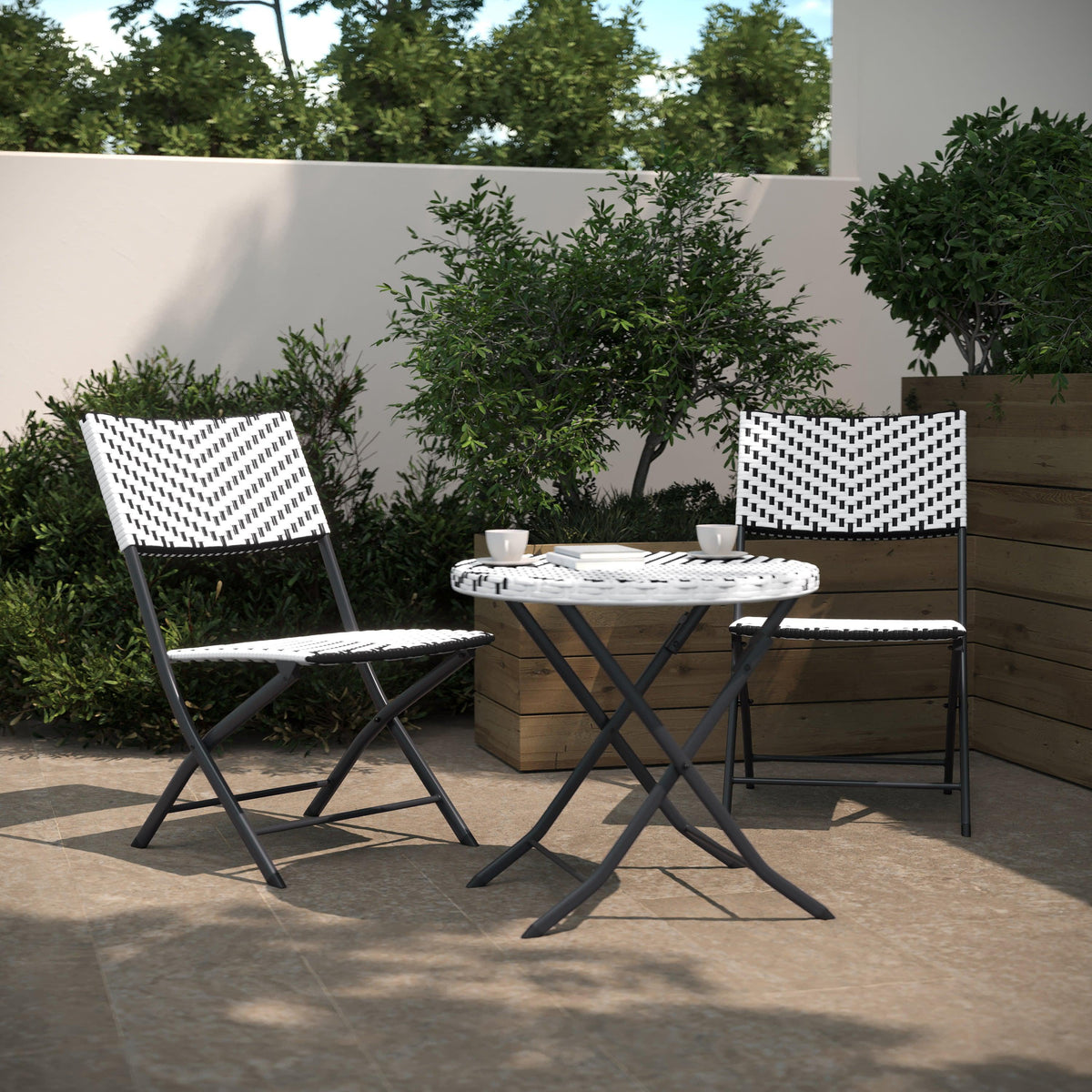 Black & White |#| 3PC Black and White Indoor/Outdoor PE Rattan Folding French Bistro Set