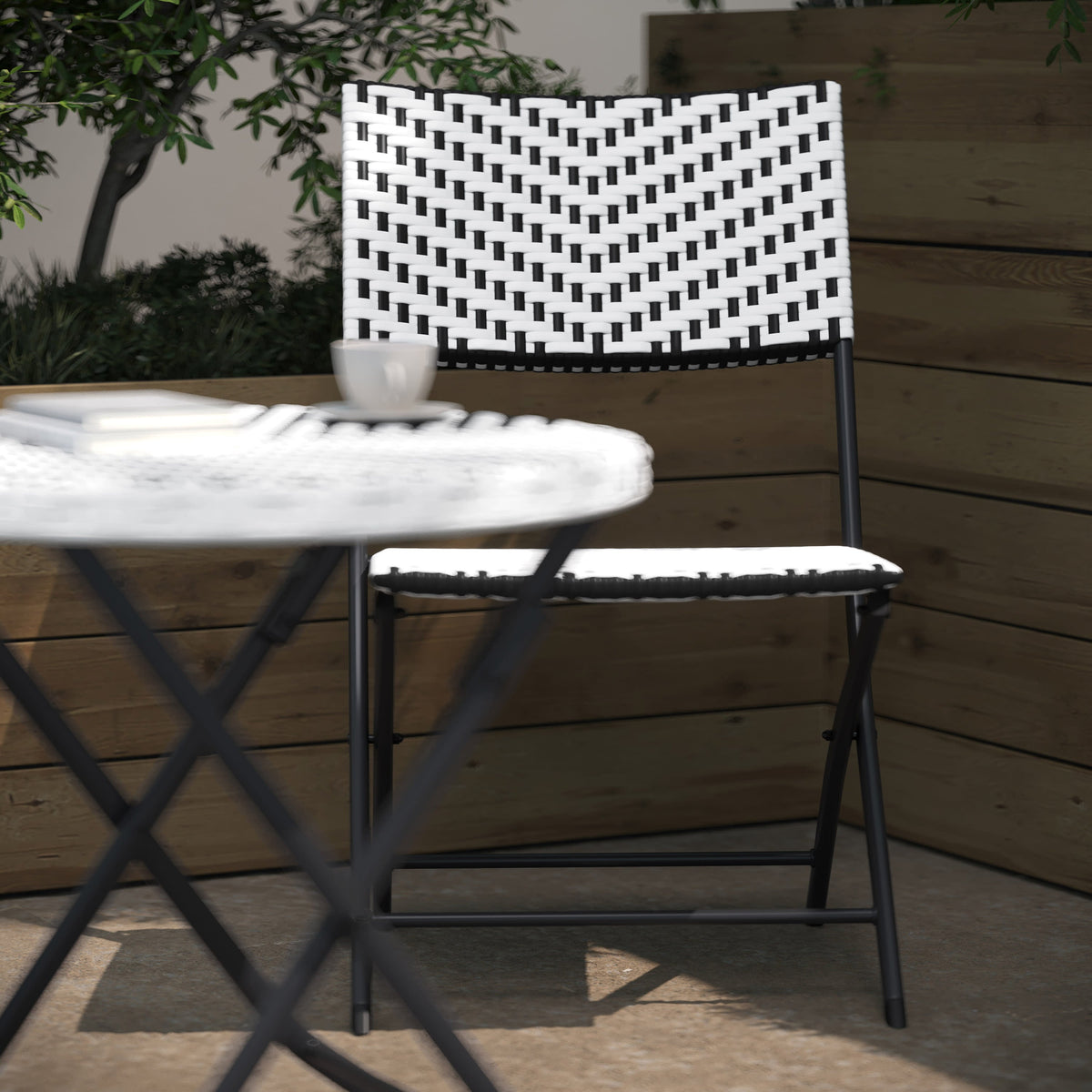 Black & White |#| 3PC Black and White Indoor/Outdoor PE Rattan Folding French Bistro Set