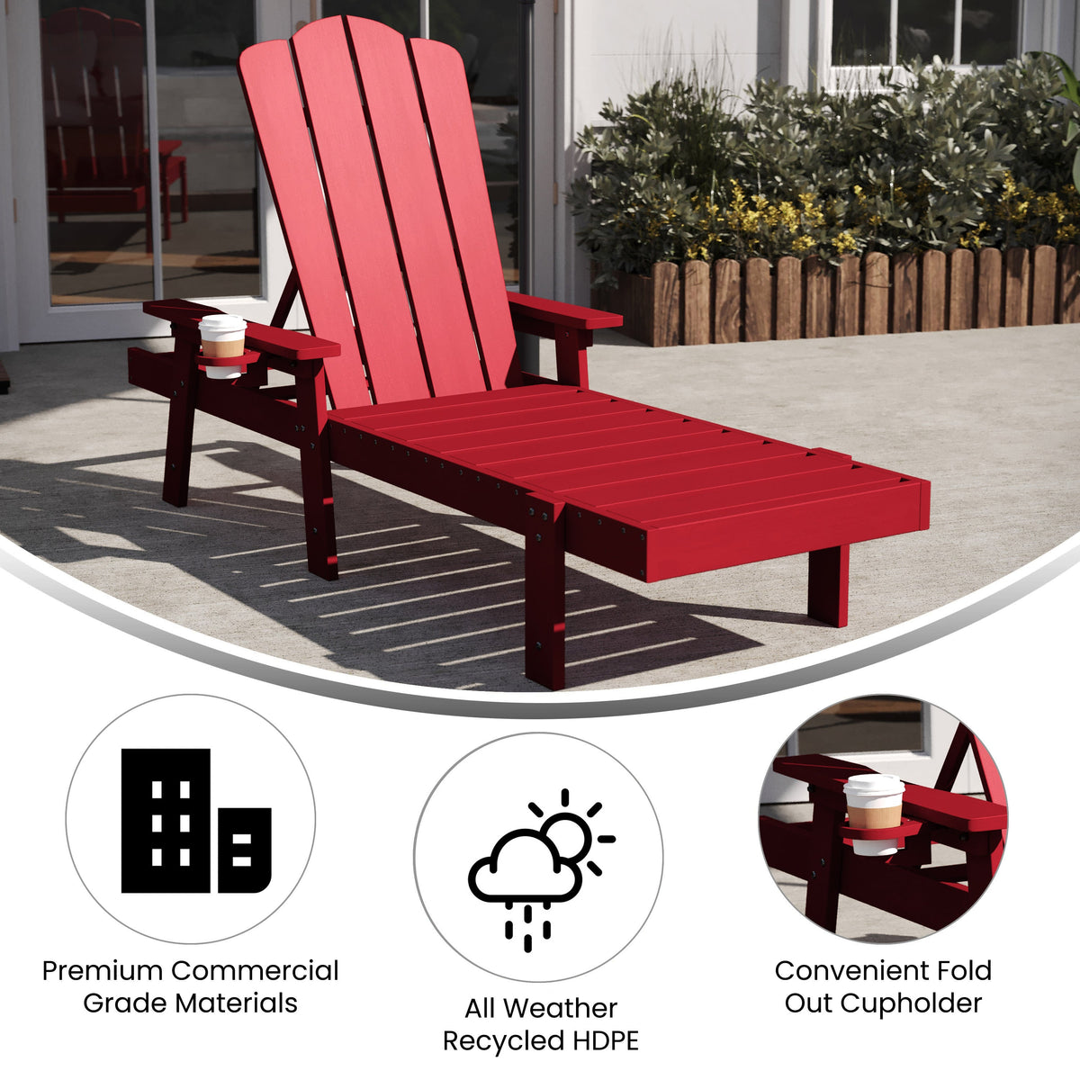 Red |#| All-Weather Commercial Adjustable Lounge Chair with Fold Out Cupholder - Red