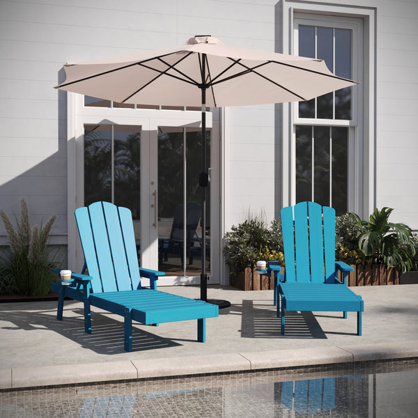 Blue |#| Set of 2 All-Weather Commercial Adjustable Lounge Chairs with Cupholders - Blue