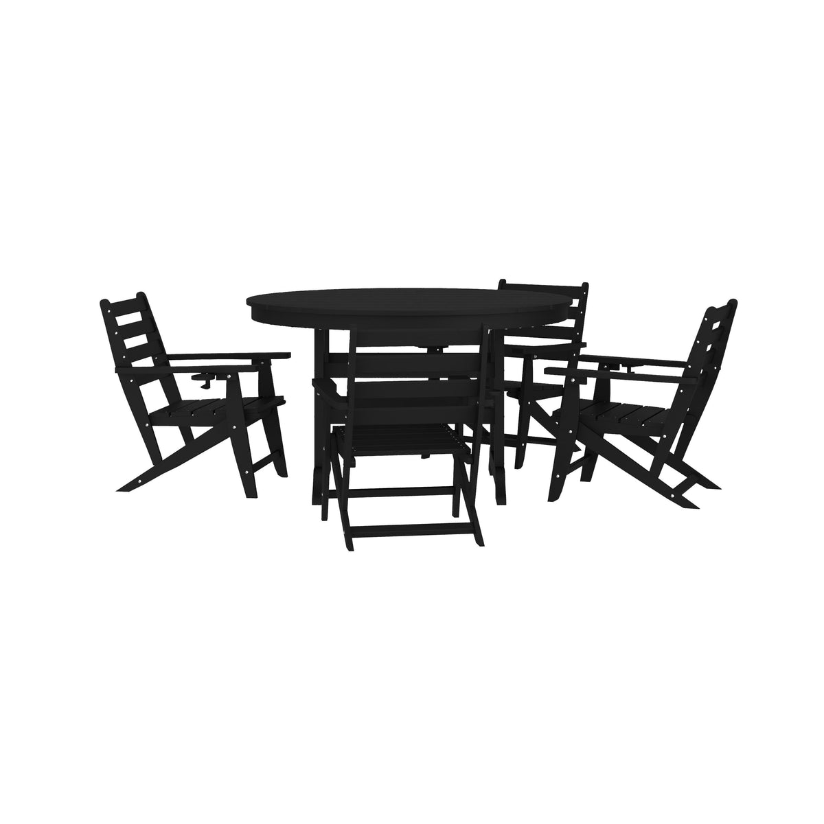 Black |#| Commercial All Weather Adirondack Table and 4 Chairs with Cupholders in Black