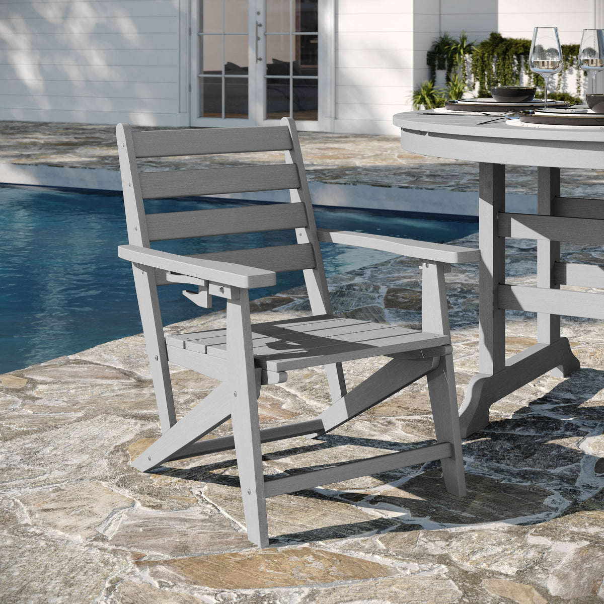 Gray |#| Commercial All Weather Adirondack Table and 4 Chairs with Cupholders in Gray