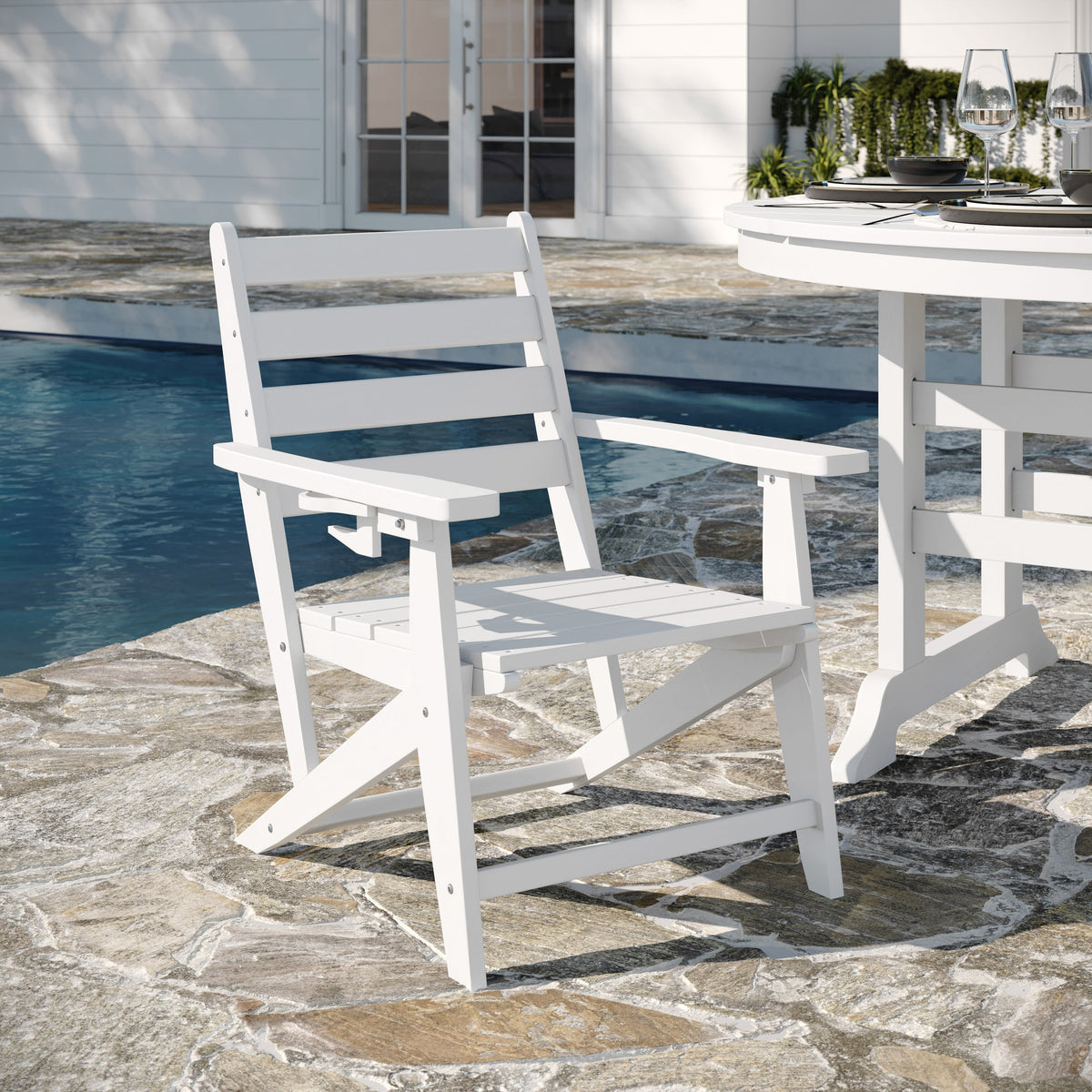 White |#| Commercial All Weather Adirondack Table and 4 Chairs with Cupholders in White