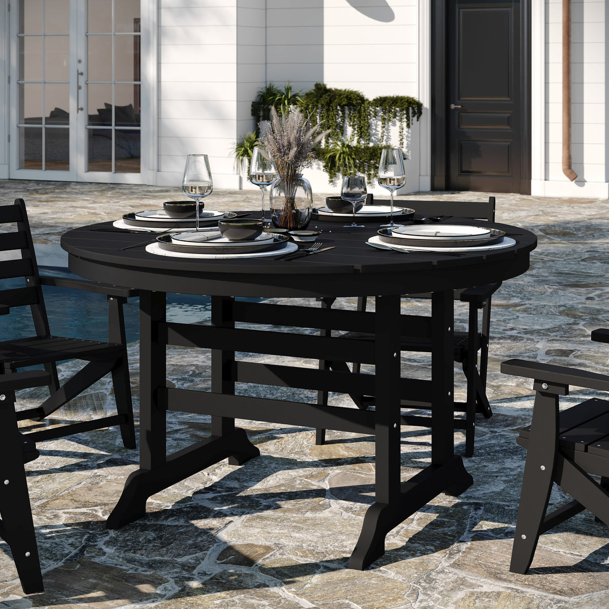 Black |#| Commercial All Weather Adirondack Table and 4 Chairs with Cupholders in Black