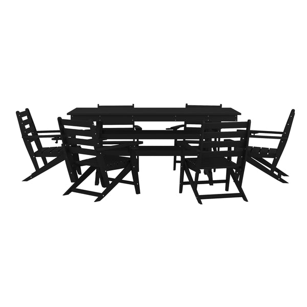 Black |#| Commercial All Weather Adirondack Table and 6 Chairs with Cupholders in Black