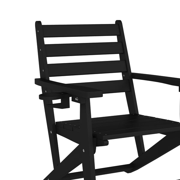 Black |#| Commercial All Weather Adirondack Table and 6 Chairs with Cupholders in Black